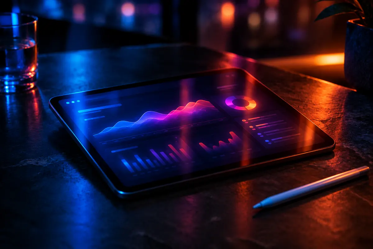 Tablette affichant un tableau de bord sur un bureau sombre